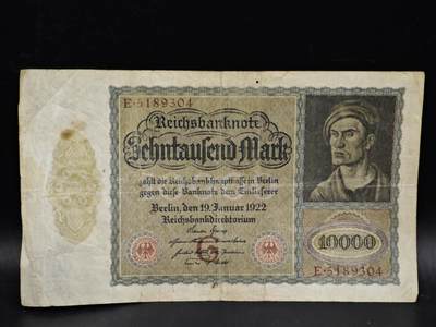【淘币小摊】限时拍第八百五十二拍  无佣金福利纸币场  满百包邮可预留两周  周一统一发货  - 德国1922年10000马克纸币【有折】