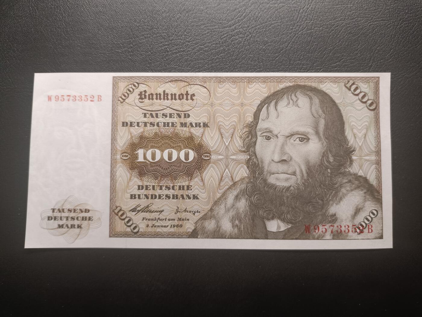 2026一月第四期，总214期 德国1960年1000马克AUNC，舍那的自画像和林堡，此版本最高面值，经典的德国马克战后品种之一