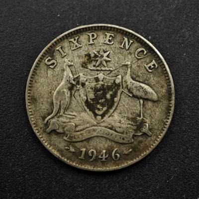 【淘币小摊】实时拍第八百五十三拍   散币银币场   满百包邮可预留二周 每周一统一发货   - 澳大利亚1946年乔治六世6便士银币