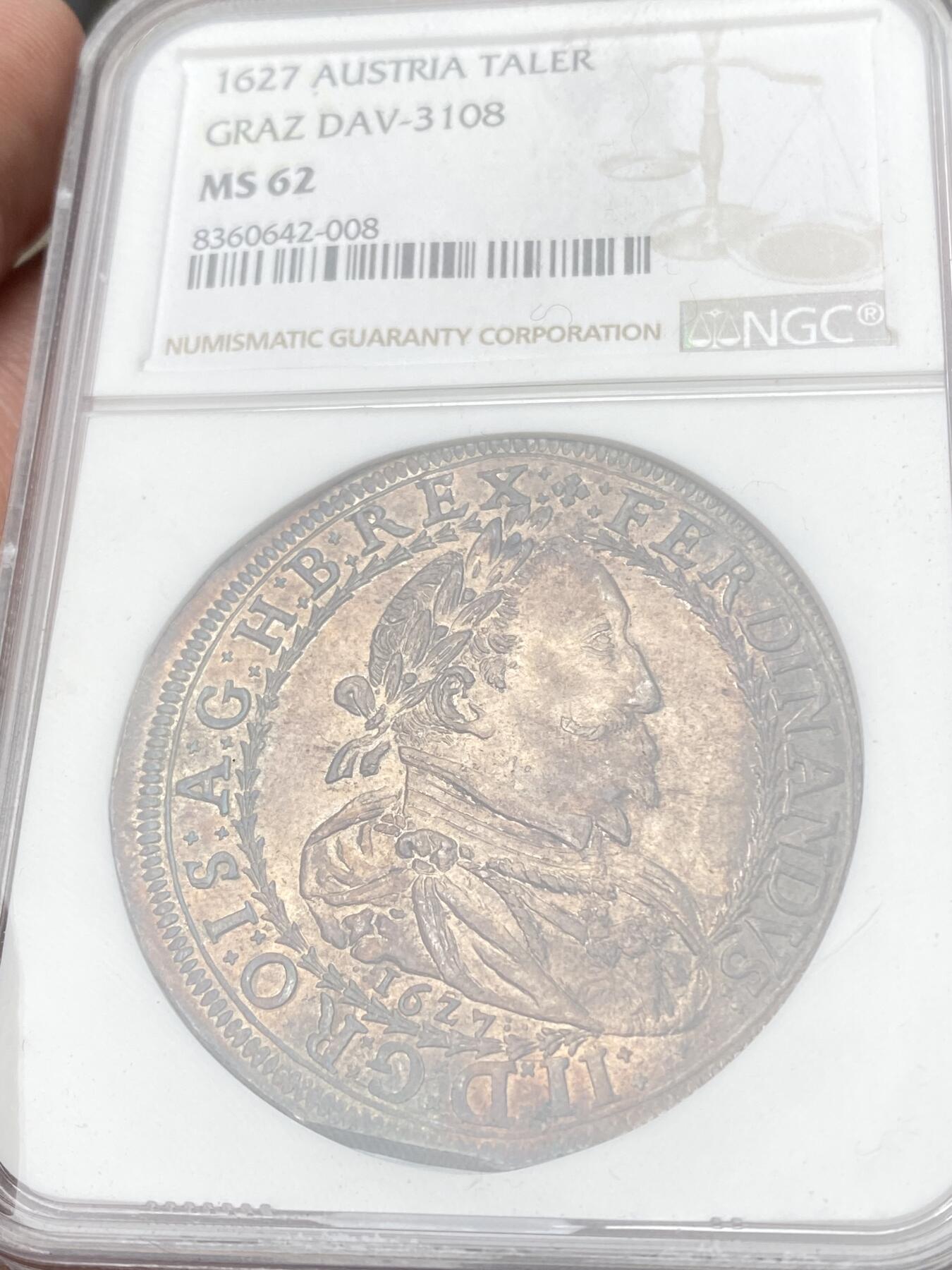 万国钱币拍卖第059期 NGC MS62 1627年神圣罗马帝国费迪南德二世纹章大泰勒 近400年历史的神罗大银 醇厚均匀玫瑰红色包浆极致美丽 全深打顶级收藏品质