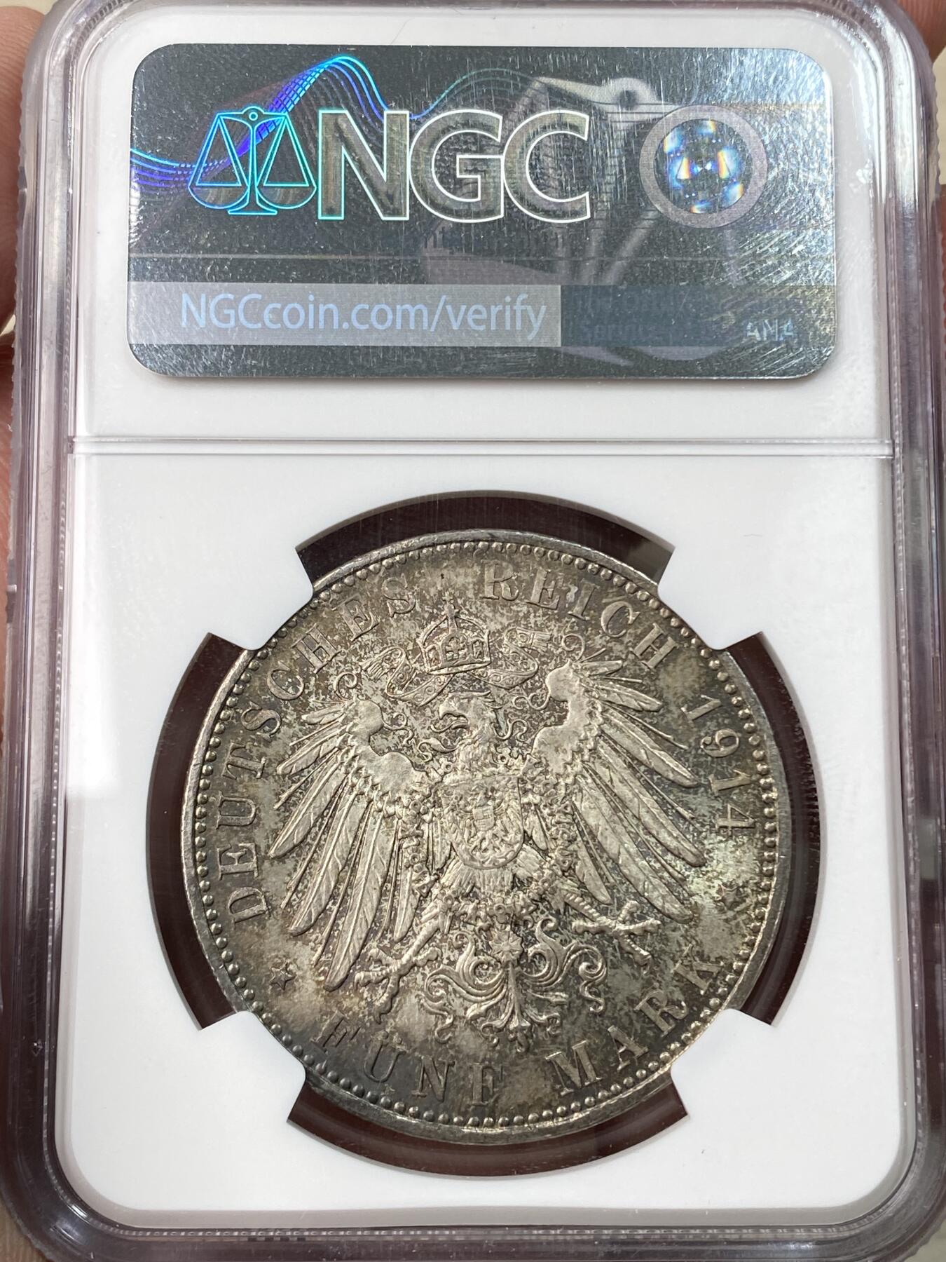 万国钱币拍卖第059期 NGC MS66 1914年德国巴伐利亚路德维希三世长翅流通5马克 发行量142600枚 能达到GEM级别的凤毛麟角 巴伐利亚末代国王 双面厚重五彩 NGC冠军分顶级典藏品质