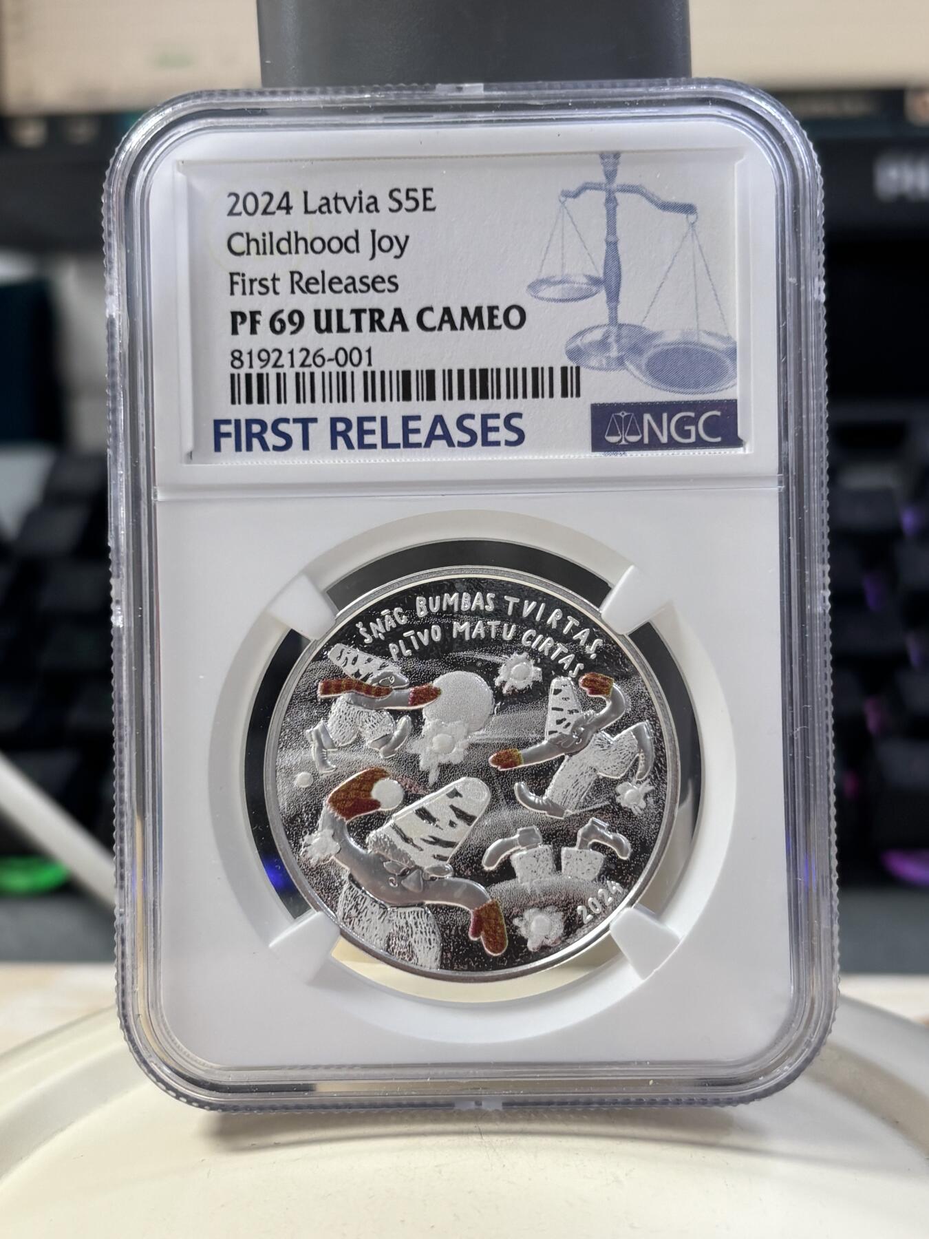 第189期拍卖 拉脱维亚2024年发行快乐童年5欧元局部彩色精制纪念银币NGC-PF69首无盒无证书，999银，22克，发行量4000枚
