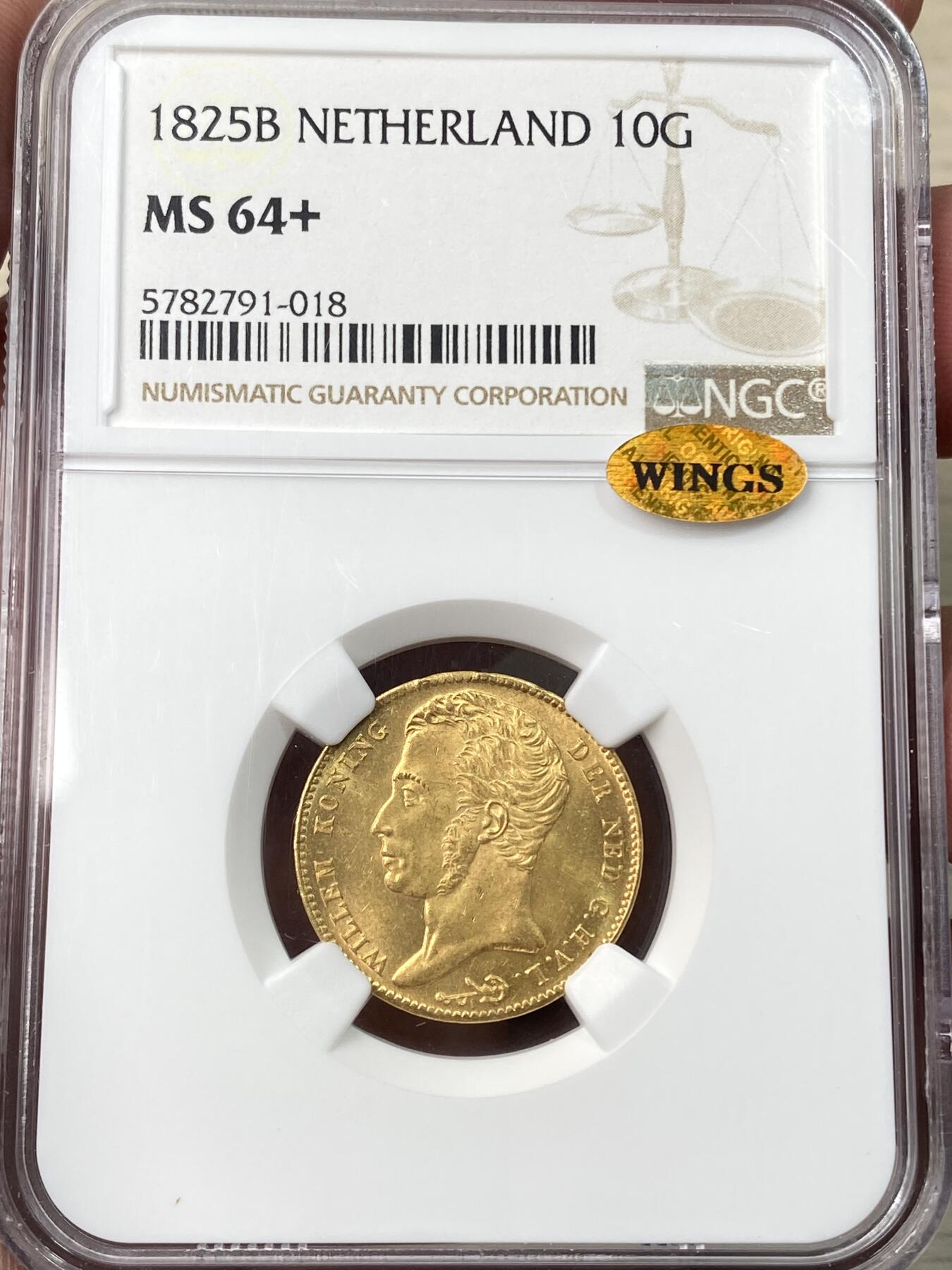 万国钱币拍卖第059期 NGC MS64+ 1825B荷兰威廉一世10盾金币 布鲁塞尔造币厂铸 威廉一世大头像 高品罕见的早期荷兰金币 丝绸金光BU品质 WINGS金标认证 6.73g 900金 25年9月HA一枚63分成交价1680美金