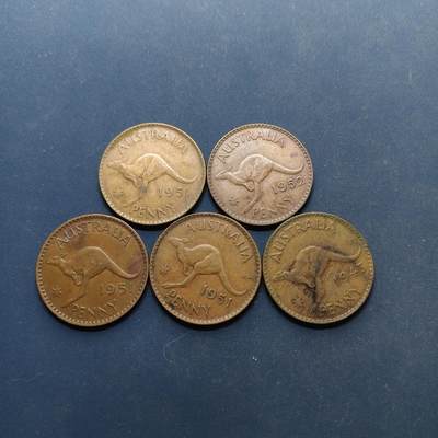 【全场包邮】纯粹捡漏拍496场-持续更新中 - 澳大利亚各年份乔治六世1便士铜币5枚一组