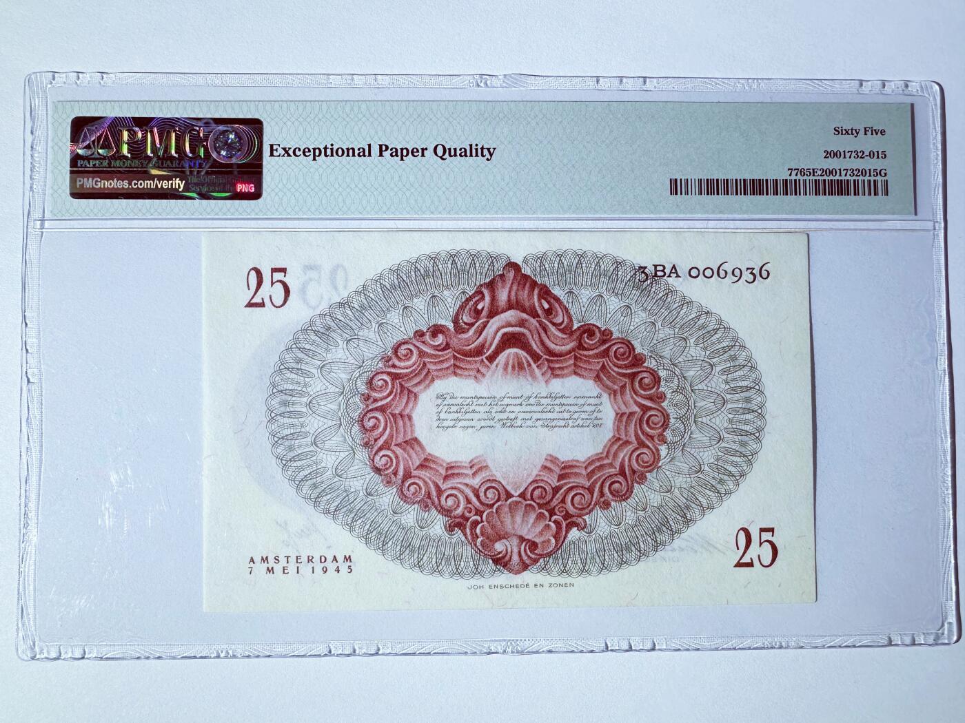 【Blue Auction】世界纸币精拍第778期——18级TOP拍卖/信誉/品质/专业/高效💫  【冠军分 无47千位小号】荷兰 1945年25盾 经典小女孩 设计简洁耐看 PMG65EPQ 顶级高分 非常罕见