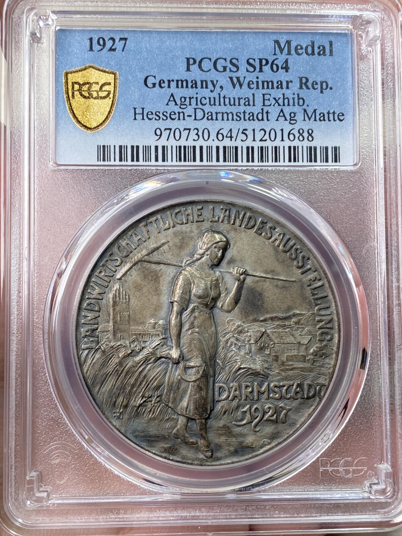 万国钱币拍卖第059期 PCGS SP64 1927年德国魏玛共和国黑森-达姆施塔特农业博览会纪念大银章 罕见小邦农业展磨砂工艺大银章 PC唯一冠军