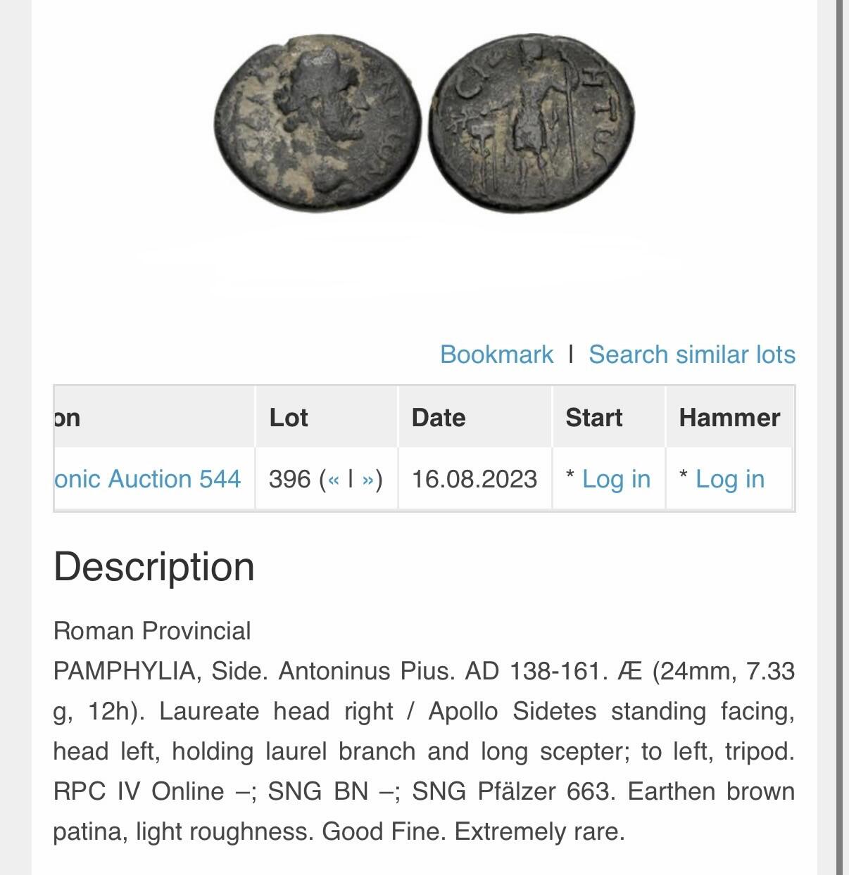 琋语集藏2026年02月欧洲古典打制币拍卖 古罗马潘菲利亚行省-安敦尼与阿波罗铜币