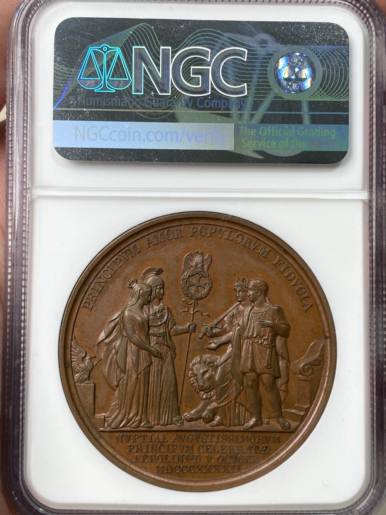 万国钱币拍卖第059期 NGC MS64 1842年德国普鲁士玛莉亚公主与巴伐利亚王储马克西米利安结婚纪念大铜章 德系婚礼纪念系列 高浮雕原铜光