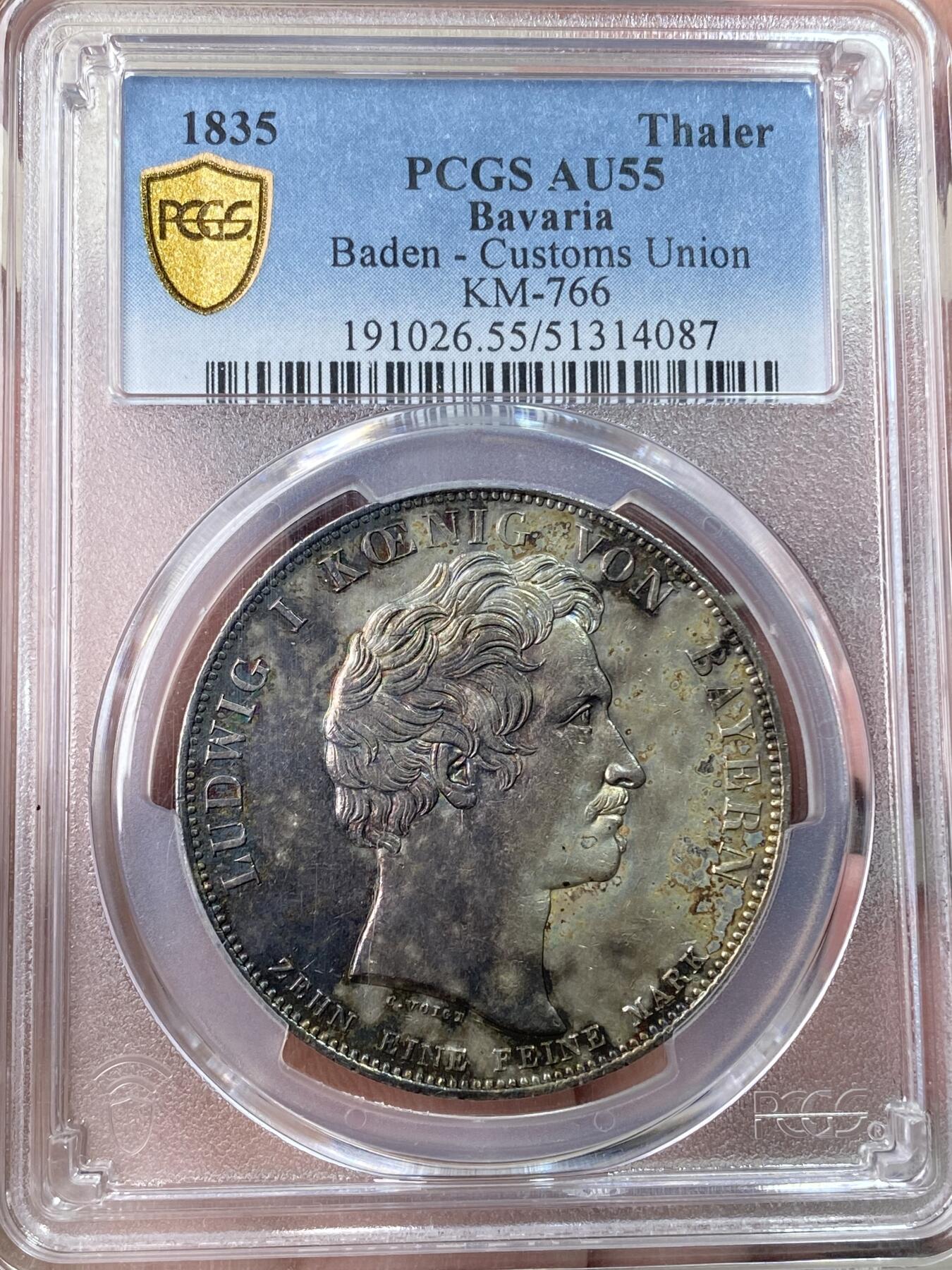万国钱币拍卖第059期 PCGS AU55 1835年德国巴伐利亚路德维希一世纪念巴登加入关税同盟历史大泰勒 原味双面重五彩