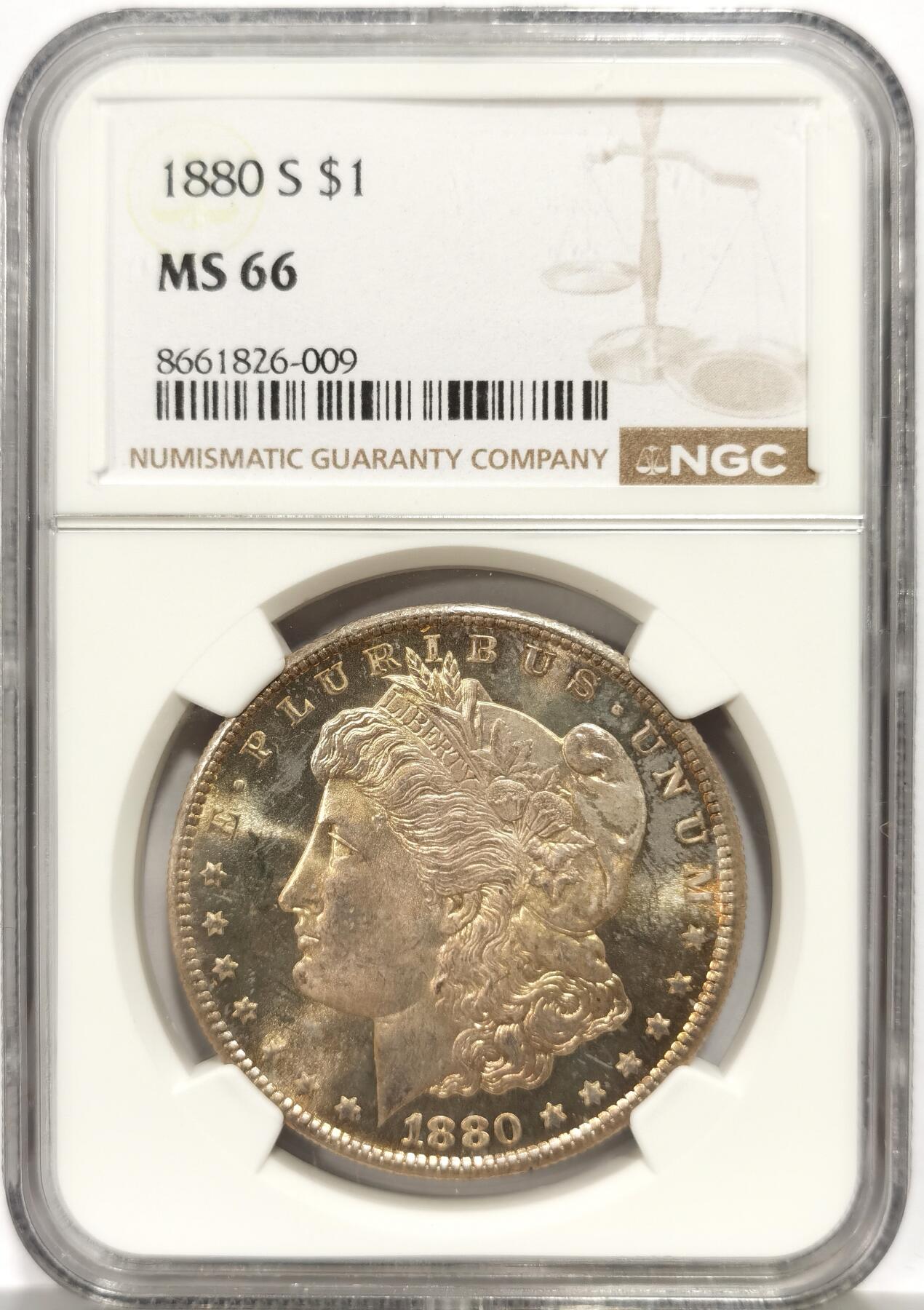 博洋堂世界钱币拍卖第158期（全场包邮） NGC MS66 美国1880 S 摩根 双面五彩包浆