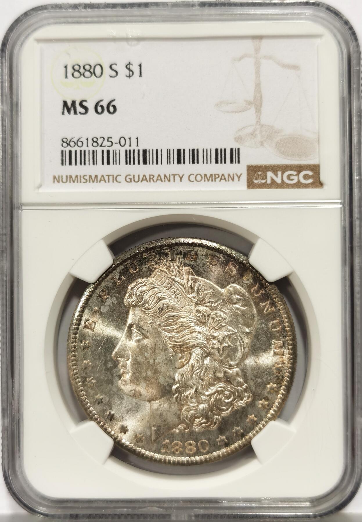 博洋堂世界钱币拍卖第158期（全场包邮） NGC MS66 美国1880 S 摩根 双面五彩包浆