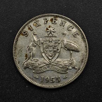 【淘币小摊】实时拍第八百五十三拍   散币银币场   满百包邮可预留二周 每周一统一发货   - 澳大利亚1955年伊丽莎白二世6便士银币
