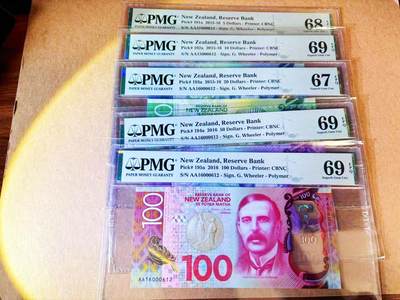 【Blue Auction】世界纸币精拍第778期——18级TOP拍卖/信誉/品质/专业/高效💫 -   【一组5张AA冠612小号高分全同套 含获奖钞】新西兰 2015-16年5-100元 PMG69EPQ-67EPQ