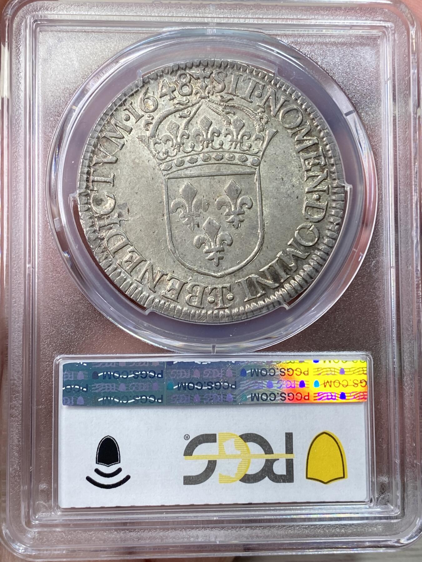 万国钱币拍卖第059期 PCGS MS62 1648/7年法国太阳王路易十四1埃居大银币 南特厂铸造 罕见厂别+骑字年份 PC唯一冠军 亚军就是AU50 原味青灰包浆转光底板 难以超越的顶级收藏品质
