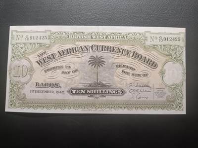 2026一月第四期，总214期 - 英属西非1942年10先令AUNC疑似裁切，稀有的英属西非时期中高面值，正面是椰树图案，背面是阿拉伯文的面值