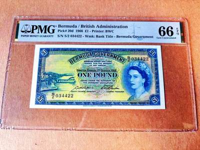 【Blue Auction】世界纸币精拍第778期——18级TOP拍卖/信誉/品质/专业/高效💫 - 百慕大 1966年1镑 BWC出品 大冠女王 满版水印 PMG66EPQ