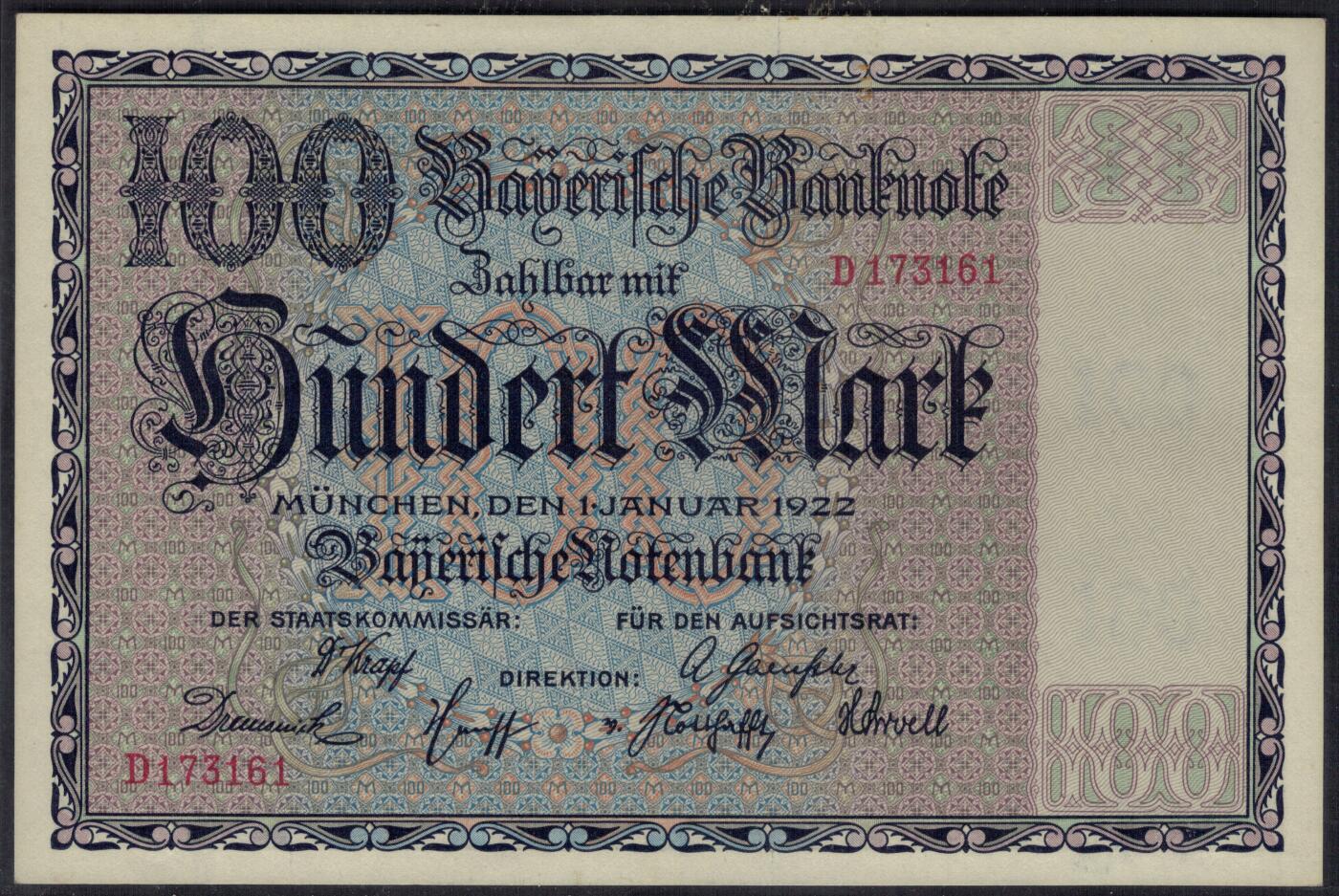 德国巴伐利亚国家银行1922年100马克 大票幅 无4 实物图 UNC-