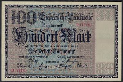 德国巴伐利亚国家银行1922年100马克 大票幅 无4 实物图 UNC- - 德国巴伐利亚国家银行1922年100马克 大票幅 无4 实物图 UNC-