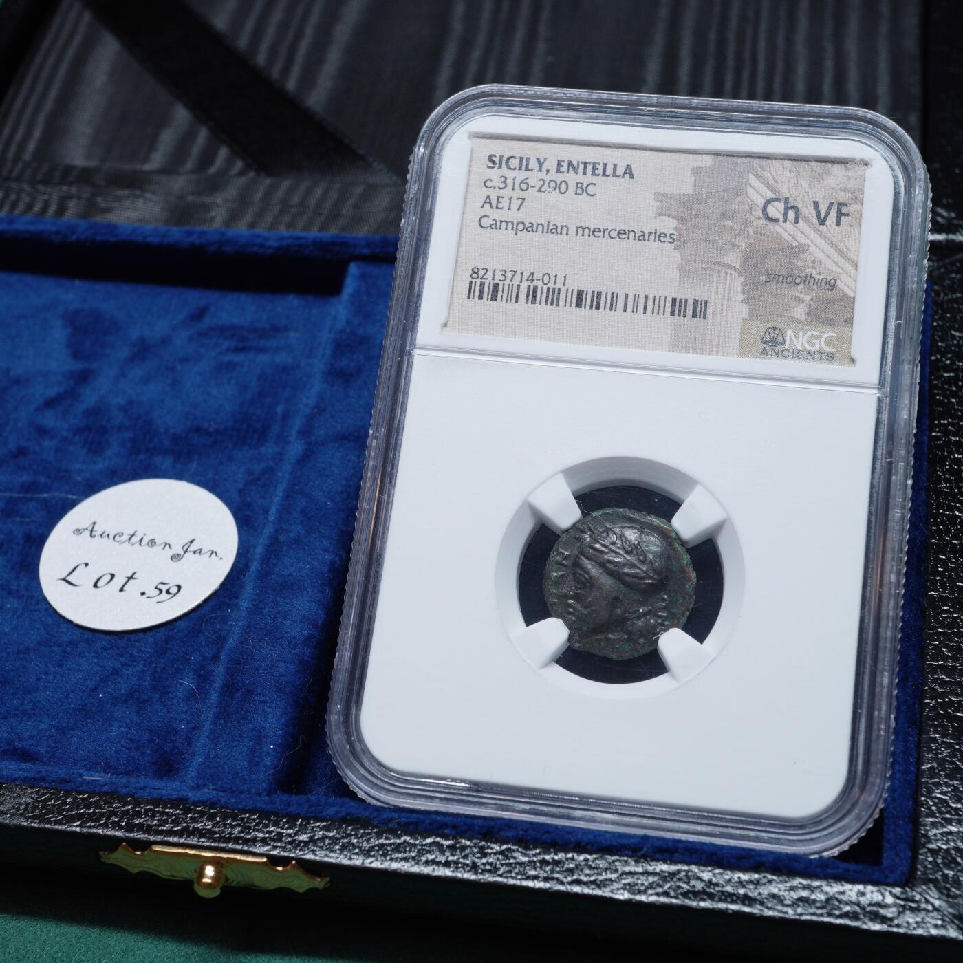 琋语集藏2026年02月欧洲古典打制币拍卖 古希腊西西里岛-恩泰拉 男性战盔像与骏马铜币（NGC评级）