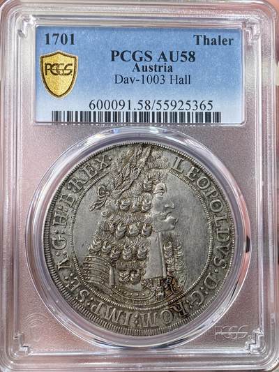 万国钱币拍卖第059期 - PCGS AU58 1701年神圣罗马帝国利奥波德一世大泰勒 著名的神罗猪嘴泰勒 飘逸大波浪卷发 深打原味淡彩