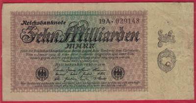 德国1923年100亿马克 P-116a 蓟叶图案水印 尾8 实物图 八五品 - 德国1923年100亿马克 P-116a 蓟叶图案水印 尾8 实物图 八五品