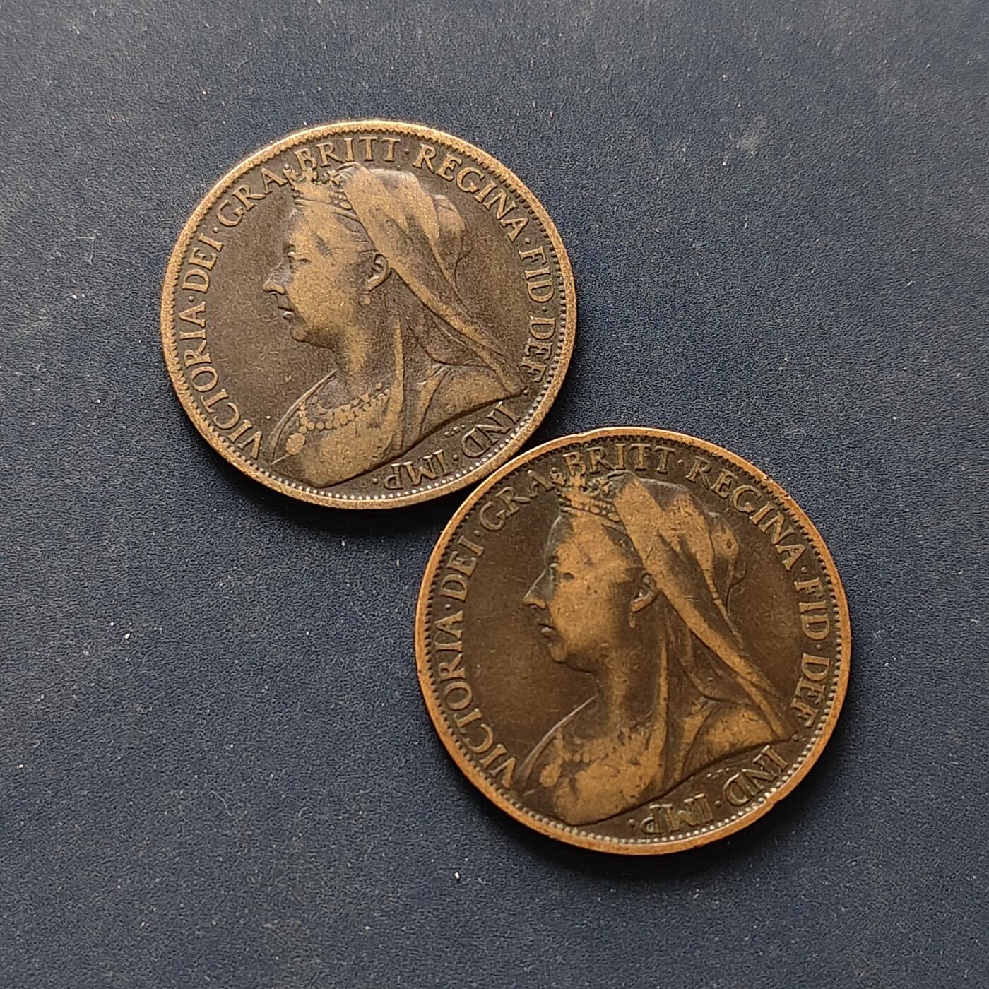 【全场包邮】纯粹捡漏拍496场-持续更新中 英国1901年维多利亚女王1便士铜币2枚一组