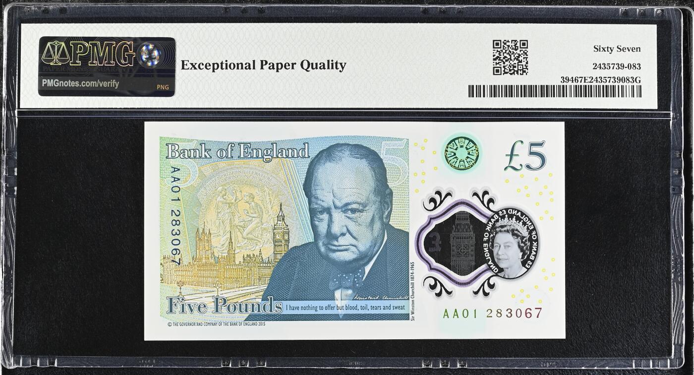 【礼羽收藏】🌏世界钱币拍卖第122期 【AA01 283067】全新UNC 2015年英国G序列5镑塑料钞 女王钞 AA01 首发冠 无47号段尾67 PMG67 尾号分数相同 高分靓号