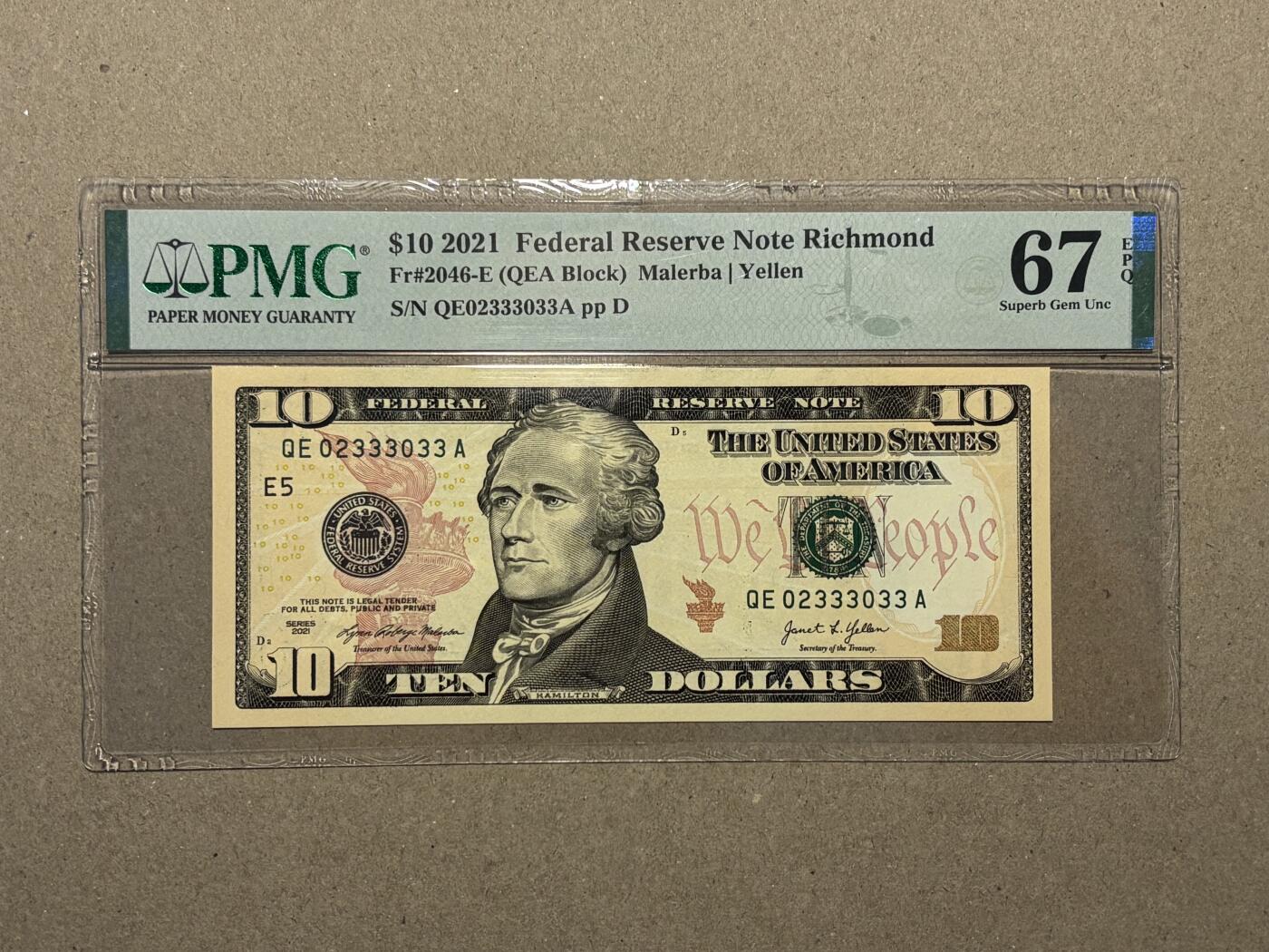 【礼羽收藏】🌏世界钱币拍卖第121期 2021年 彩色版10美元 数三号码 稀少E区首发A冠 PMG67EPQ 冠军分