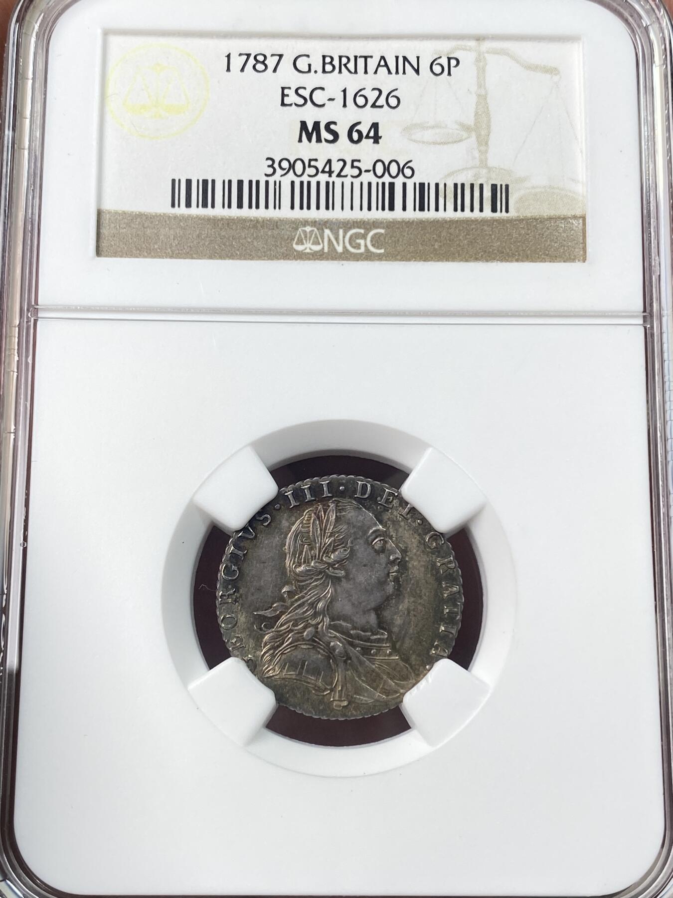 万国钱币拍卖第059期 NGC MS64 1786年英国乔治三世6便士银币 顶级大不列颠天鹅绒孔雀蓝彩极美收藏级