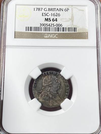 万国钱币拍卖第059期 - NGC MS64 1786年英国乔治三世6便士银币 顶级大不列颠天鹅绒孔雀蓝彩极美收藏级