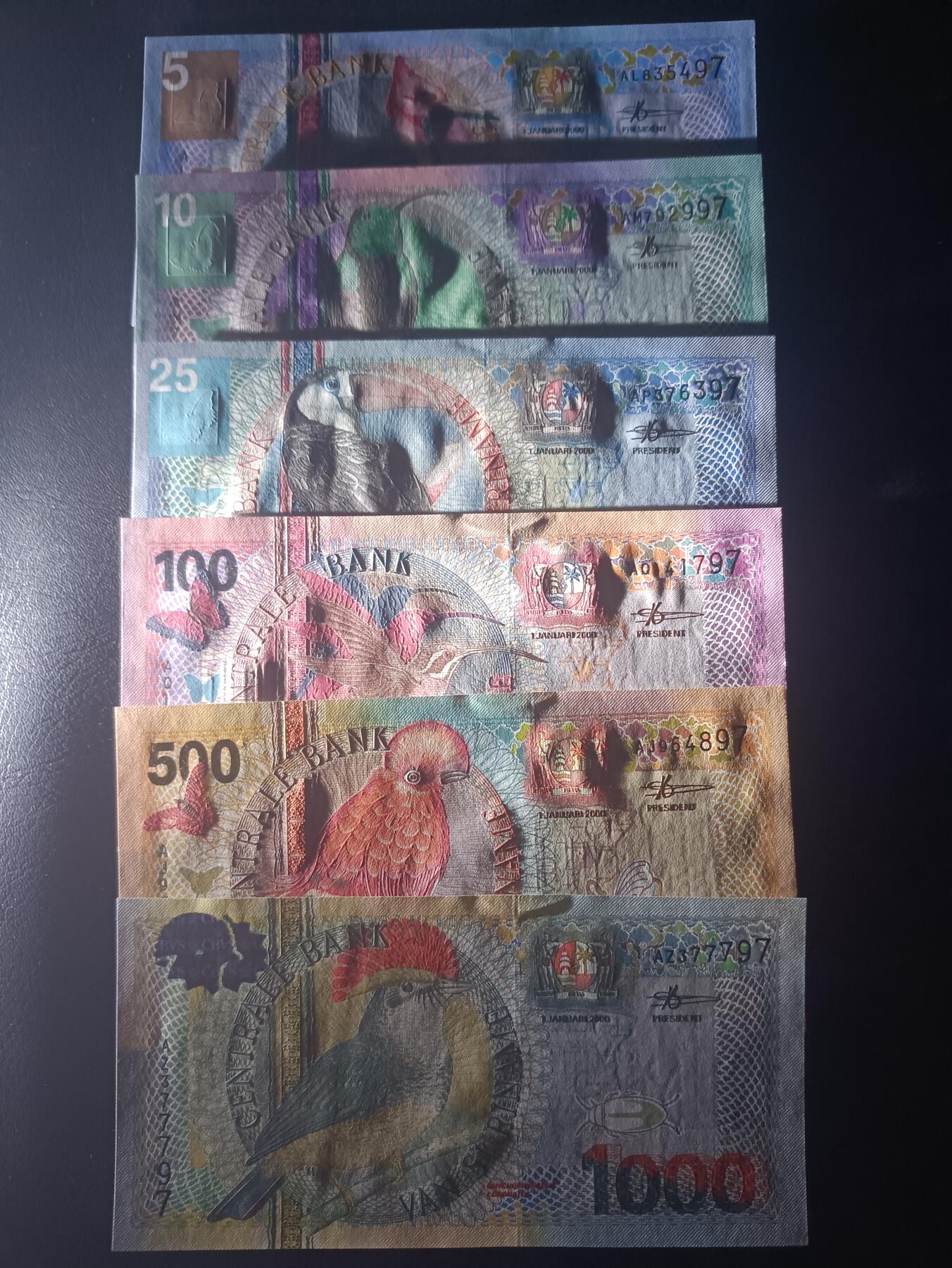 2026一月第四期，总214期 苏里南2000版5+10+25+100+500+1000盾UNC，热带鸟类和花卉
