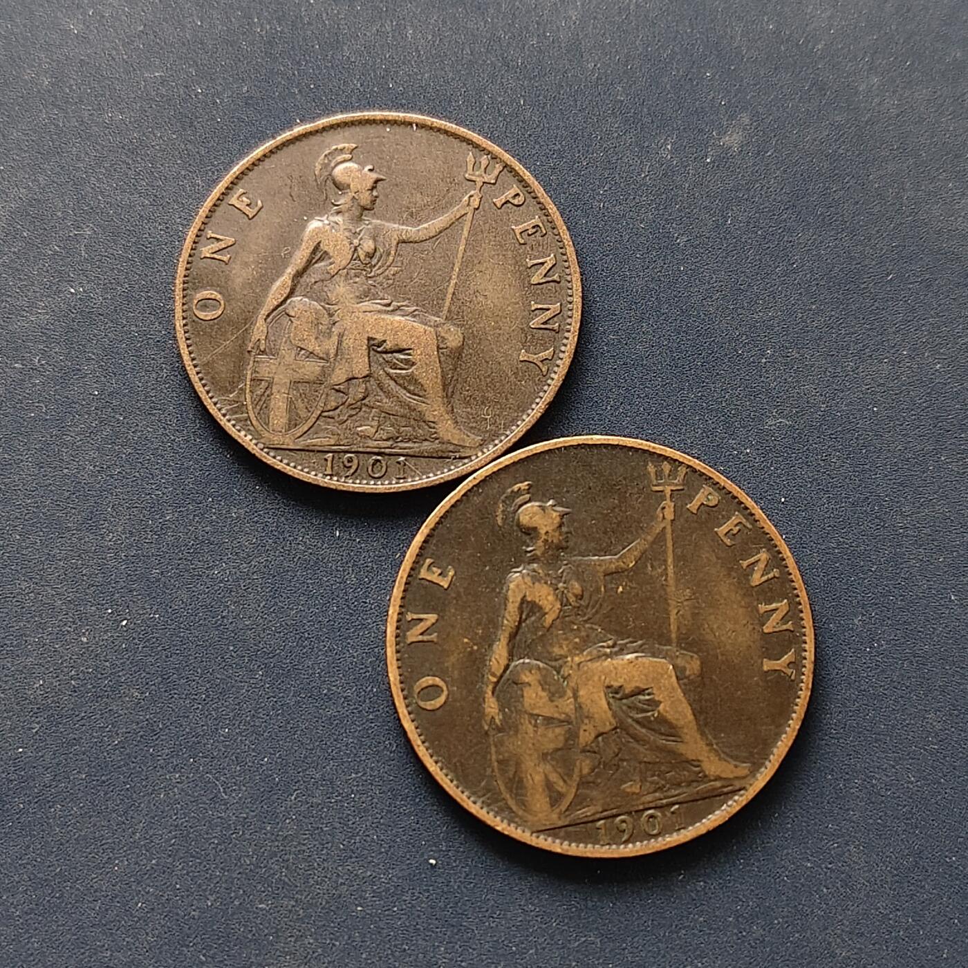 【全场包邮】纯粹捡漏拍496场-持续更新中 英国1901年维多利亚女王1便士铜币2枚一组