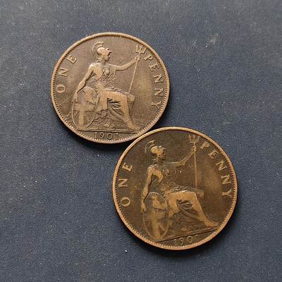 【全场包邮】纯粹捡漏拍496场-持续更新中 - 英国1901年维多利亚女王1便士铜币2枚一组