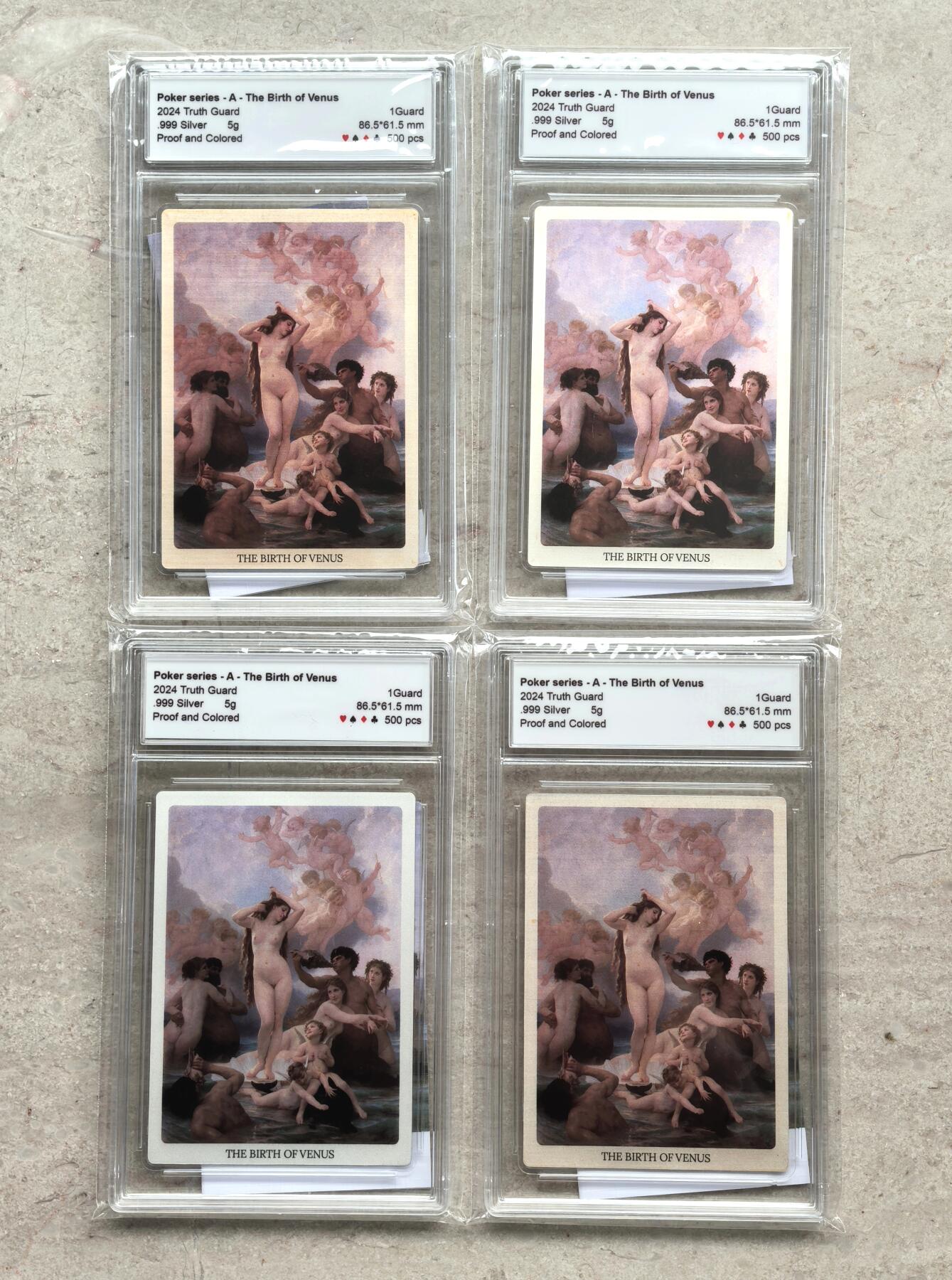 博洋堂世界钱币拍卖第158期（全场包邮） 2024年美国Truth Guard发行1Guard4枚彩色精制银币套 扑克系列A-《维纳斯的诞生》 999银5克X4 全套包装 发行量：500套