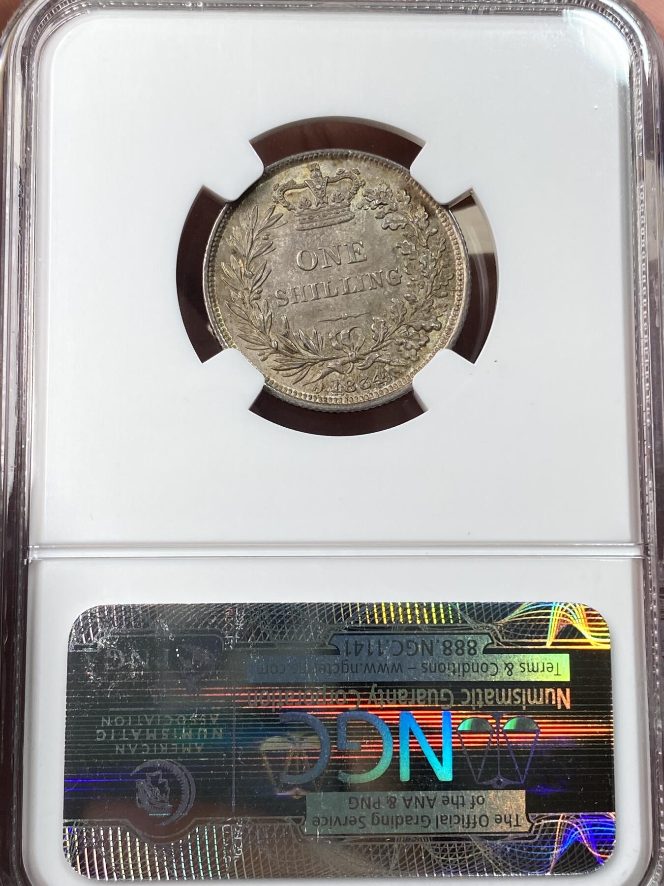 万国钱币拍卖第059期 NGC MS64 1834年英国威廉四世1先令银币 极美香槟色调车轮转光地板 NGC老盒
