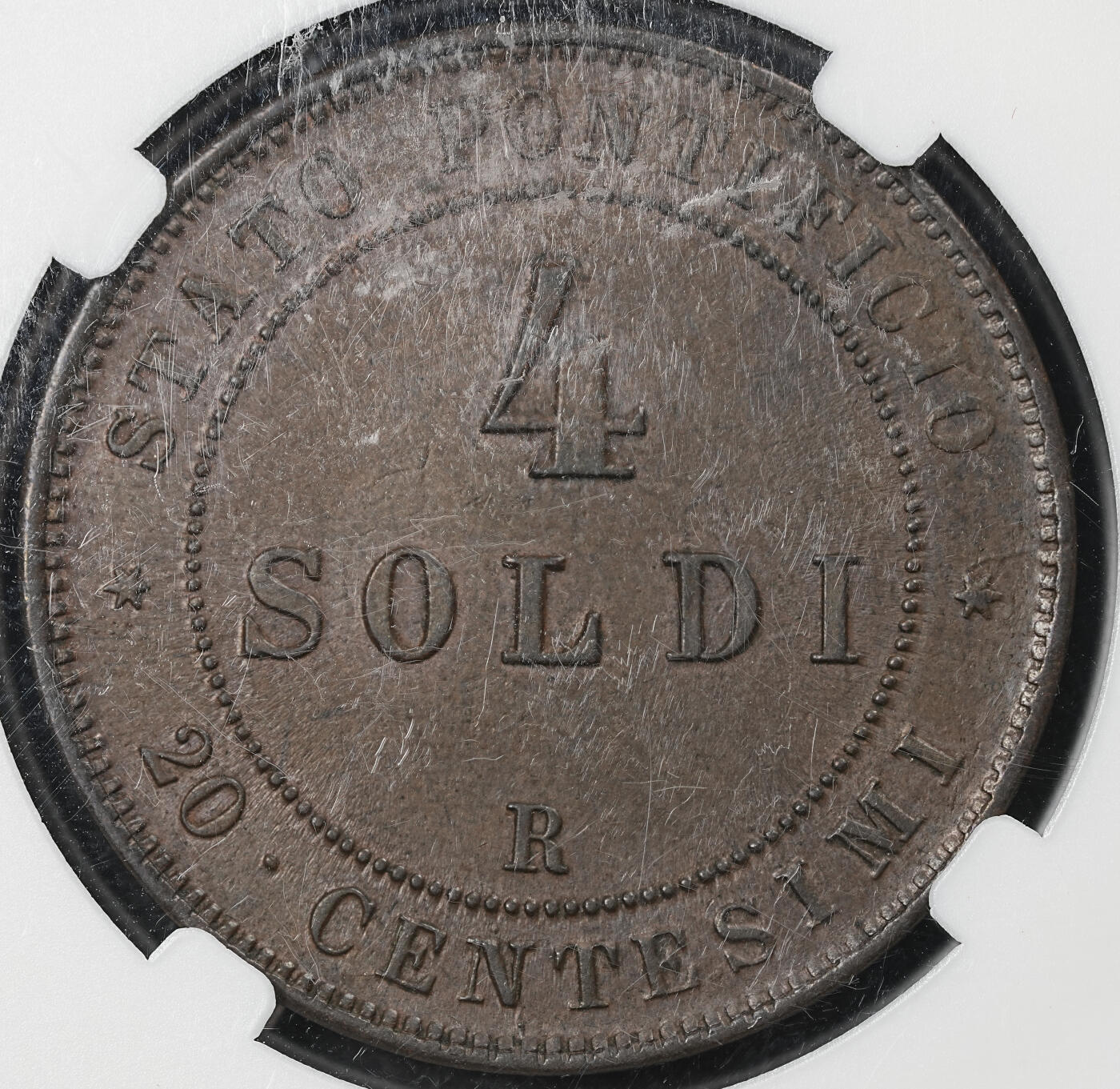 修遠堂世界钱币第102期 CCG AU58 1866年教皇国4 SOLDI大铜币，盒子略有磨损