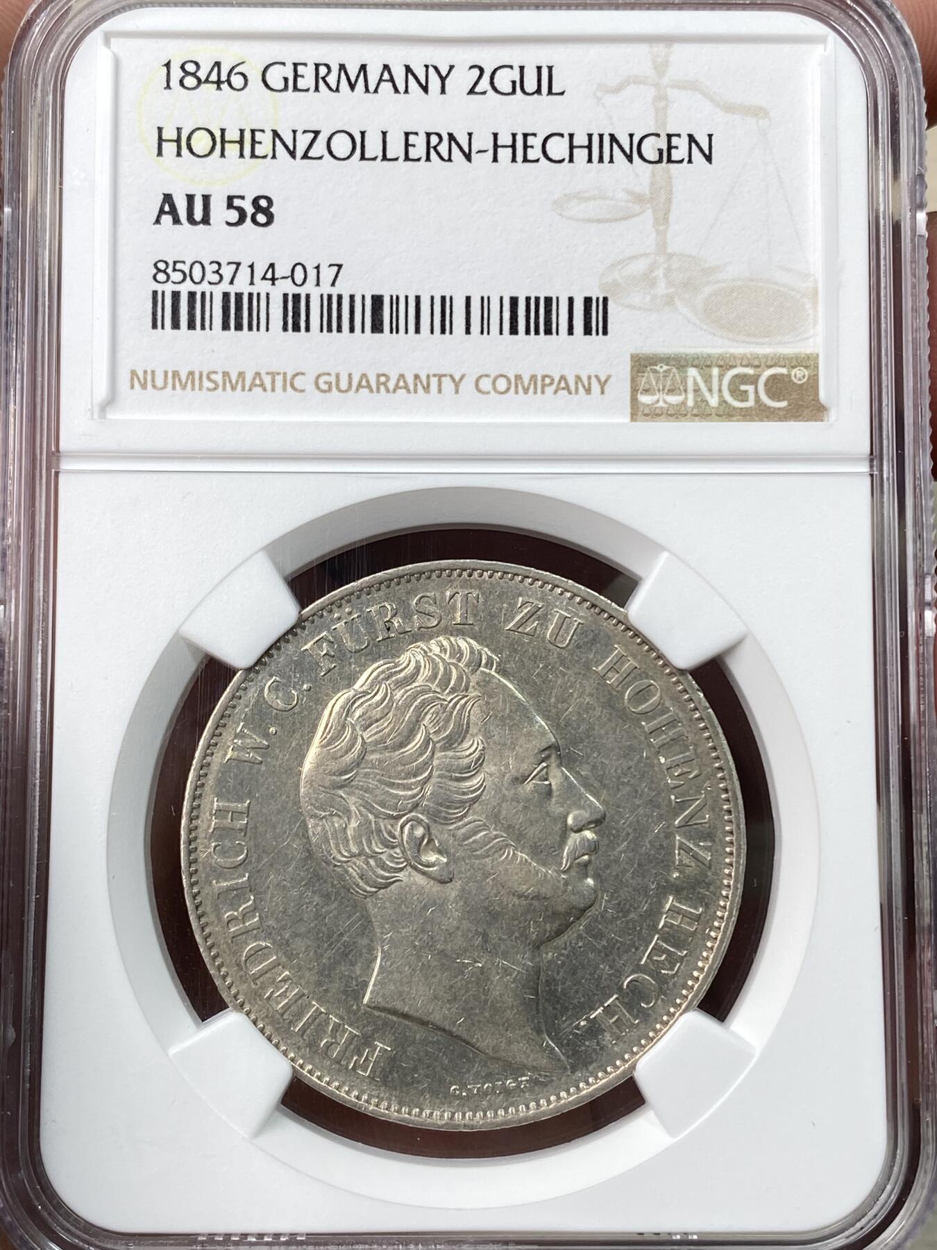 万国钱币拍卖第059期 NGC AU58 1846年德国霍亨索伦-黑兴根弗里德里希亲王流通纹章2古尔登大银 极其罕见的小邦2盾品种 哪怕通货品相也是难得一见 NGC一共3枚有分记录 此枚为唯一冠军