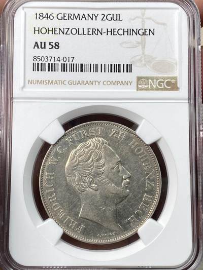 万国钱币拍卖第059期 - NGC AU58 1846年德国霍亨索伦-黑兴根弗里德里希亲王流通纹章2古尔登大银 极其罕见的小邦2盾品种 哪怕通货品相也是难得一见 NGC一共3枚有分记录 此枚为唯一冠军