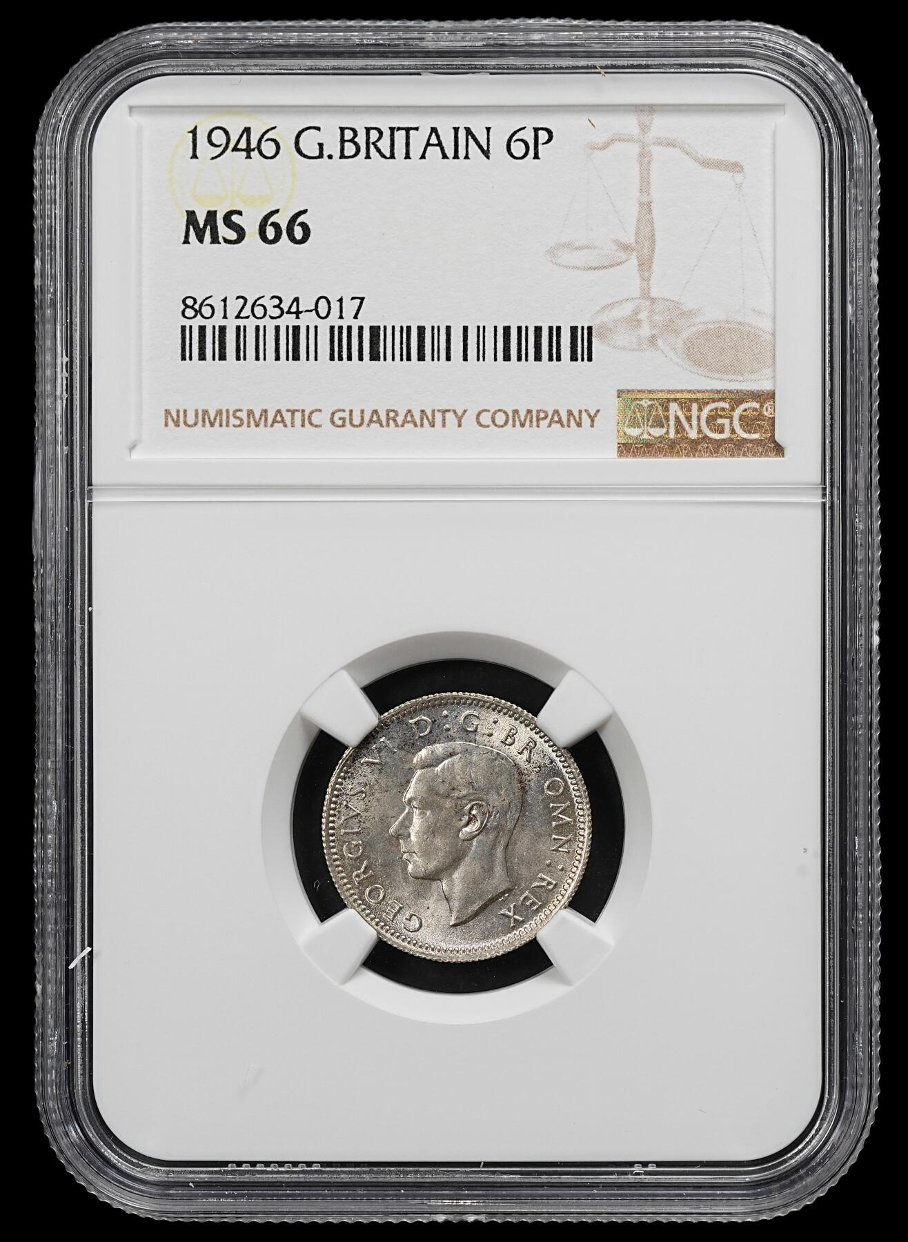 修遠堂世界钱币第102期 NGC MS66 1946年英国6便士银币，唯一冠军分