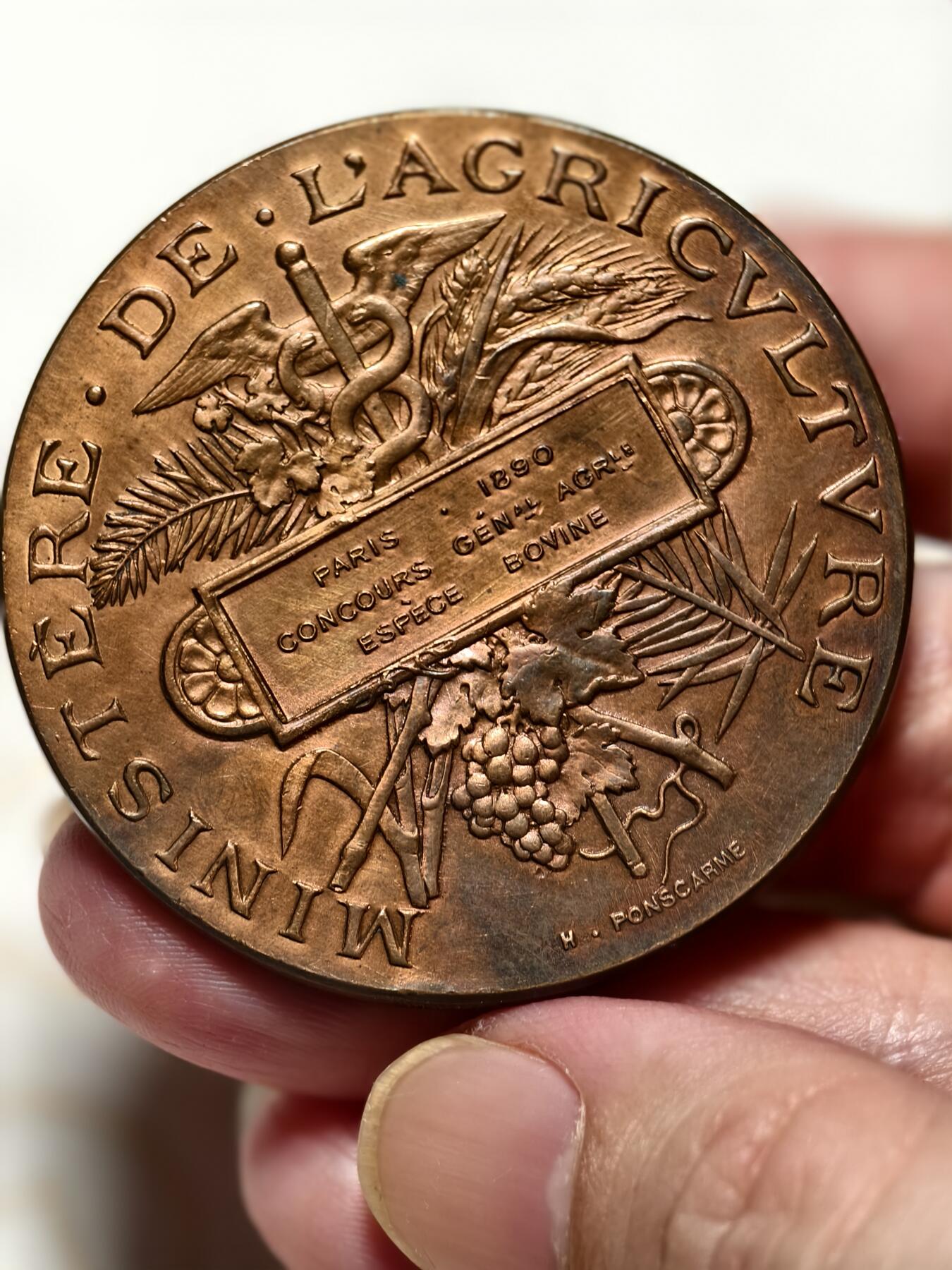 抚柳草堂-第十期章牌钱币  奖章勋章限时免佣 满百包邮 放漏专场 1890法国巴黎墨丘利大铜章 边铭丰饶角 直径52mm 重58g品相不错