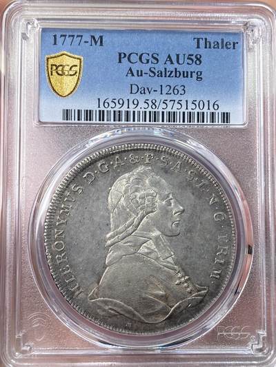 万国钱币拍卖第059期 - PCGS AU58 1777年神圣罗马帝国萨尔茨堡教区亲王大主教希罗尼穆斯纹章大泰勒 萨尔茨堡造币厂铸 原味深打欧陆黑包浆极美