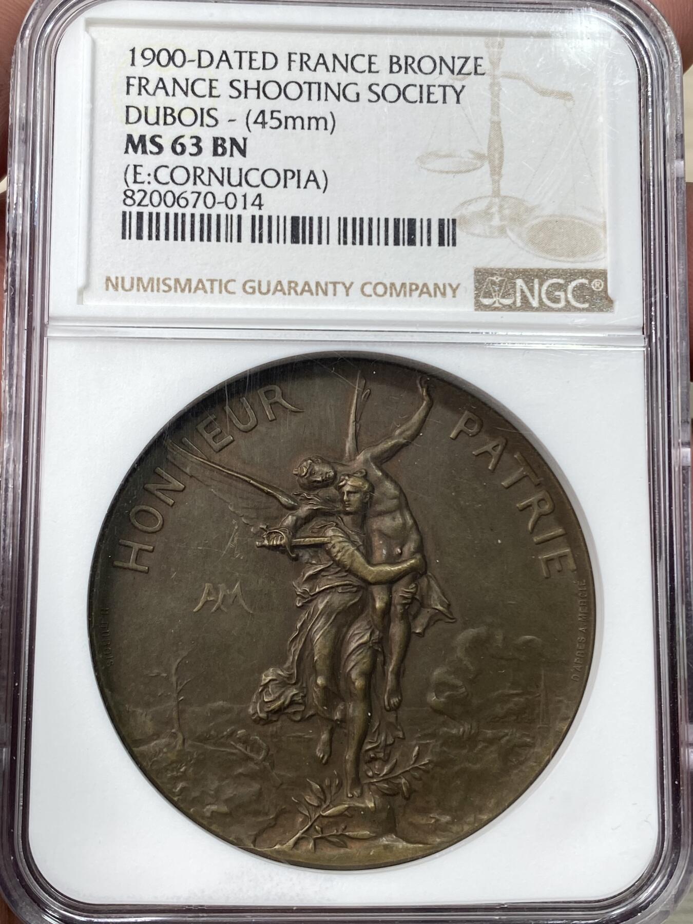 万国钱币拍卖第059期 NGC MS63 1900年法国射击节纪念大铜章 高卢雄鸡原铜光