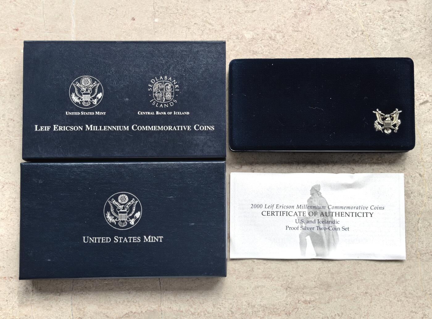 博洋堂世界钱币拍卖第158期（全场包邮） 2000年美国1美元和1000冰岛克朗精制银币套 2000年利耶夫·埃里克森发现美洲千年纪念 26.73克900银X2 盒证全