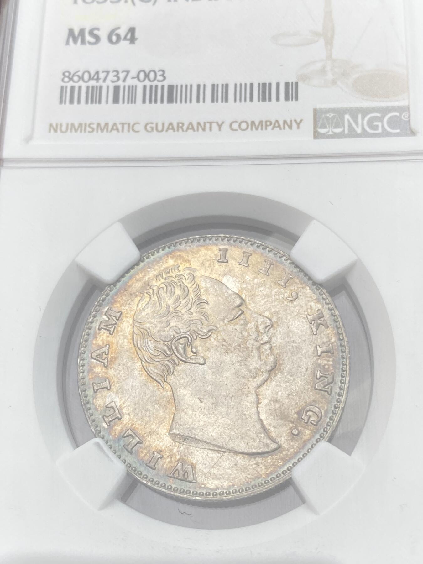 万国钱币拍卖第059期 NGC MS64 1835年英属印度威廉四世1卢比银币 原味金彩转光收藏级品质 高分飞涨品种 25年8月HA同分成交价3600美金