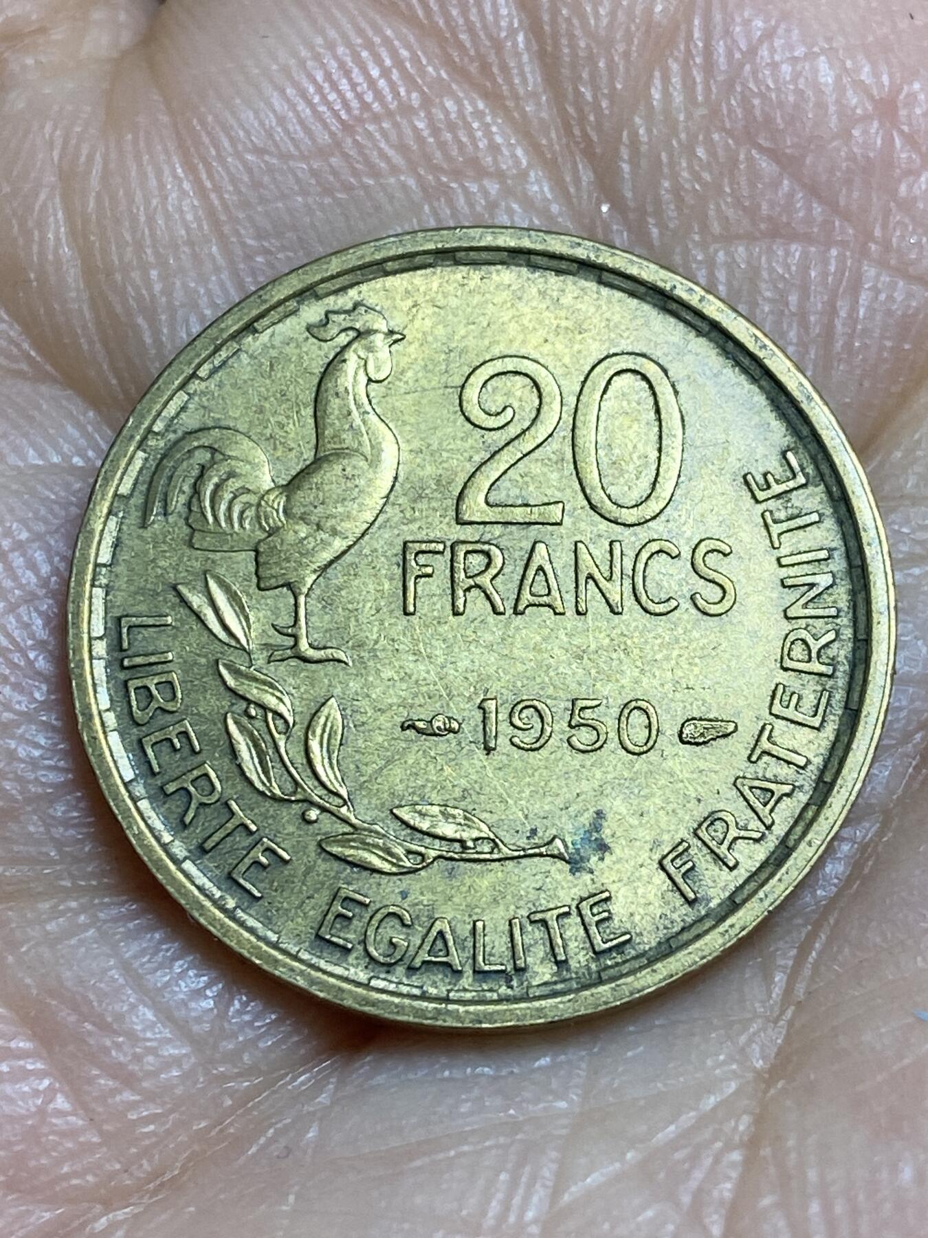 2026年第十四场(总第一百八十三场）外国好品散币场(免佣金) 法兰西第四共和国1950年20法郎(头像后单排字，4羽版，首发年)