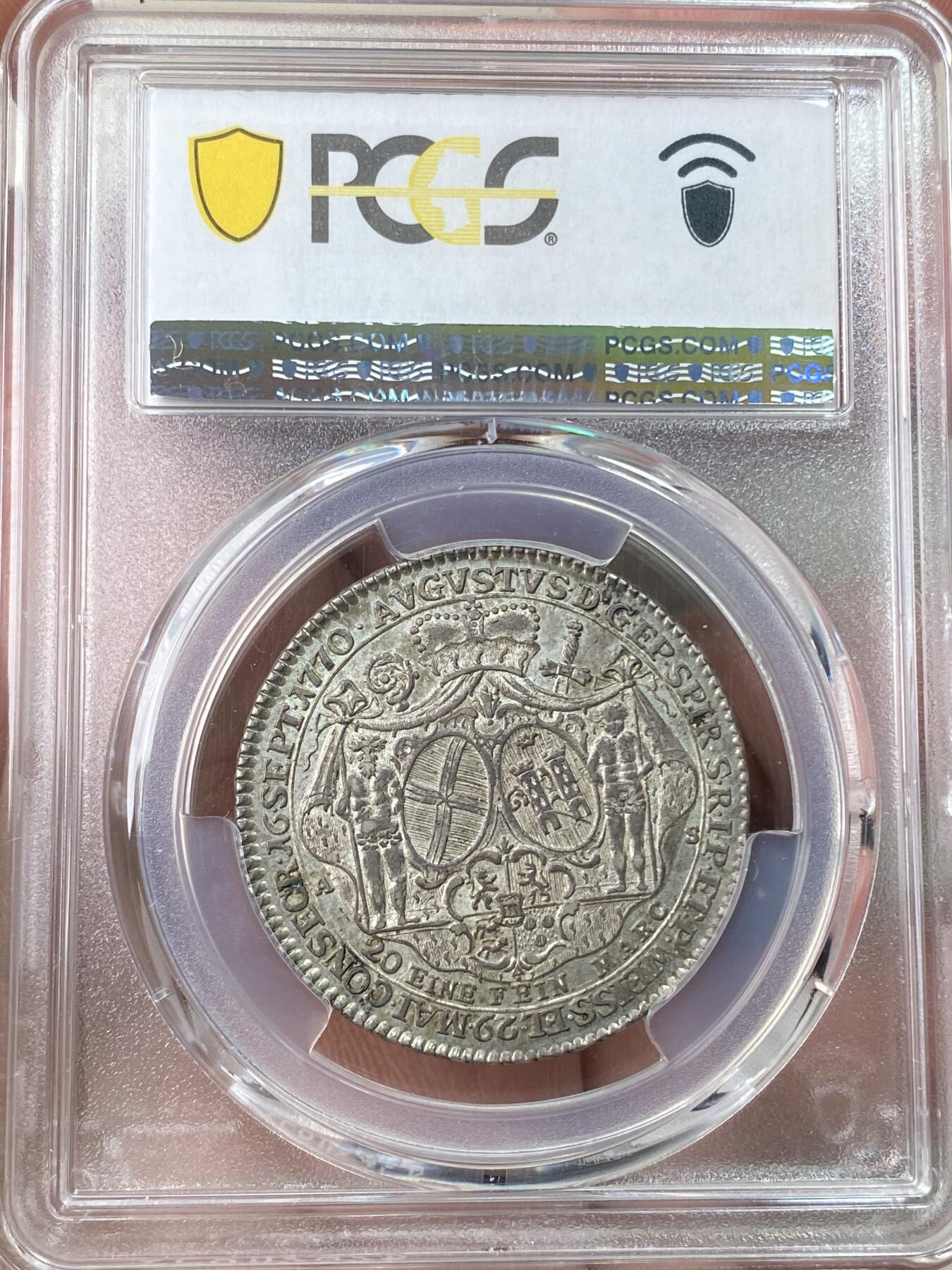 万国钱币拍卖第059期 PCGS AU58 1770年德国施派尔主教区达米安·奥古斯特·菲利普·卡尔·冯·林堡-费伦-施蒂鲁姆即位纪念1/2泰勒 曼海姆造币厂铸 仅发行3年 原味欧陆包浆野人盾徽
