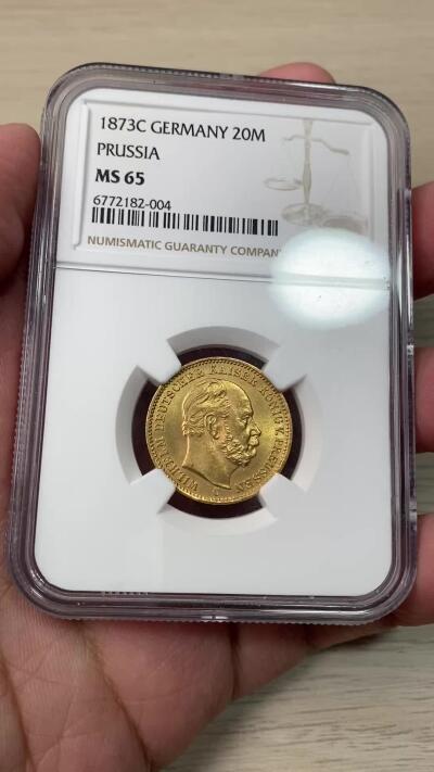 万国钱币拍卖第059期 NGC MS65 1873年德国普鲁士威廉一世短翅流通20马克金币 BU顶级丝滑金光闪耀收藏品质 7.96g 900金