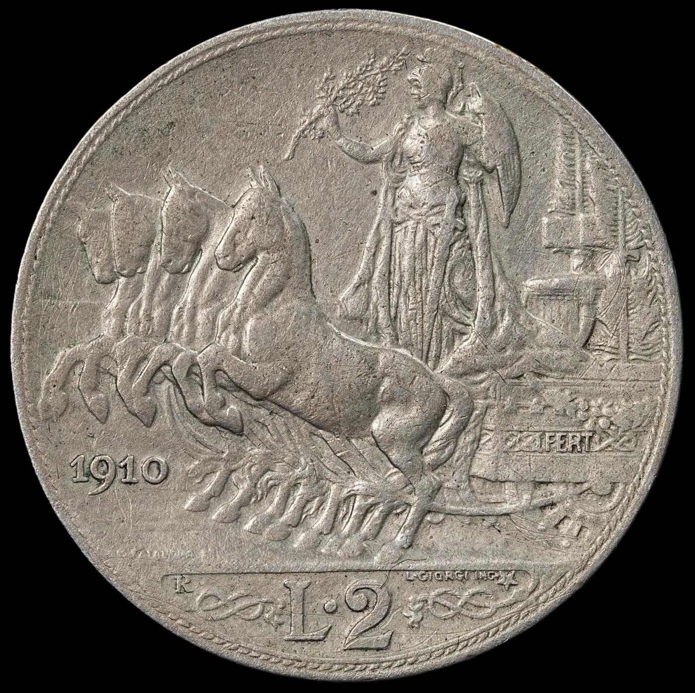 修遠堂世界钱币第102期 1910年意大利马车2里拉银币，稀少的年份，9.88g，含银80%