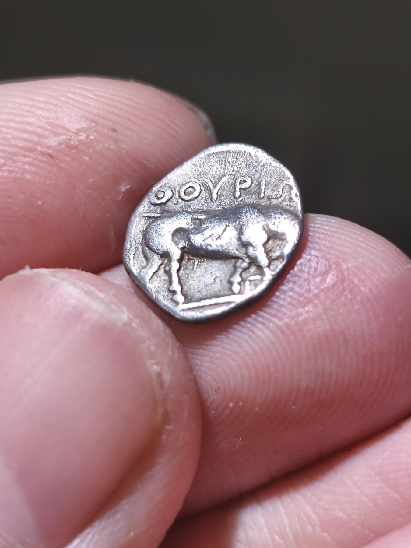 星盘世界钱币一月三十一日古典币专场 古希腊- 大希腊 卢卡尼亚地区-雅典娜与公牛3奥波银币 1.09g，公元前443-前400年图伊里发行（正面：雅典娜头戴阿提卡头盔，其上有桂冠纹饰，背面：向右冲撞公牛）