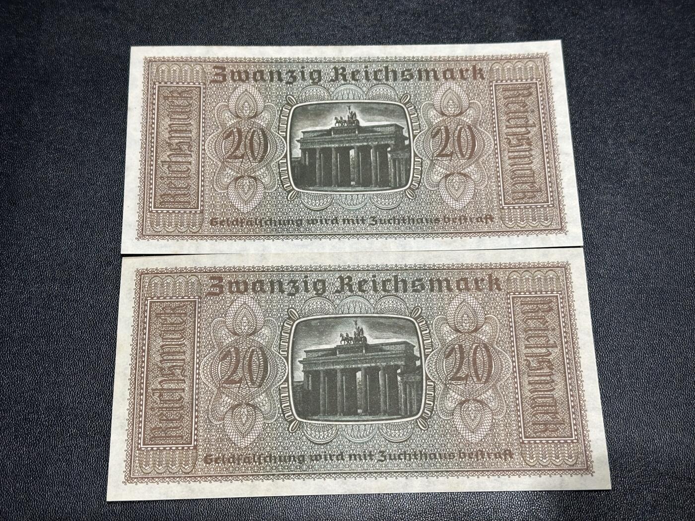 《外钞收藏家》第六百零四期（精品场）（本平台长期征集拍品、欢迎藏友们联系合作） 1945年德国20马克 近全新 边有点瑕疵